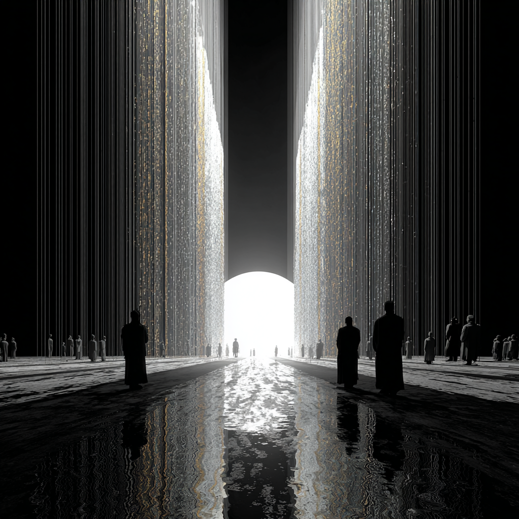 Futuristische Lichtpassage mit Silhouetten, riesigen Wänden und hellem sphärischem Licht.
