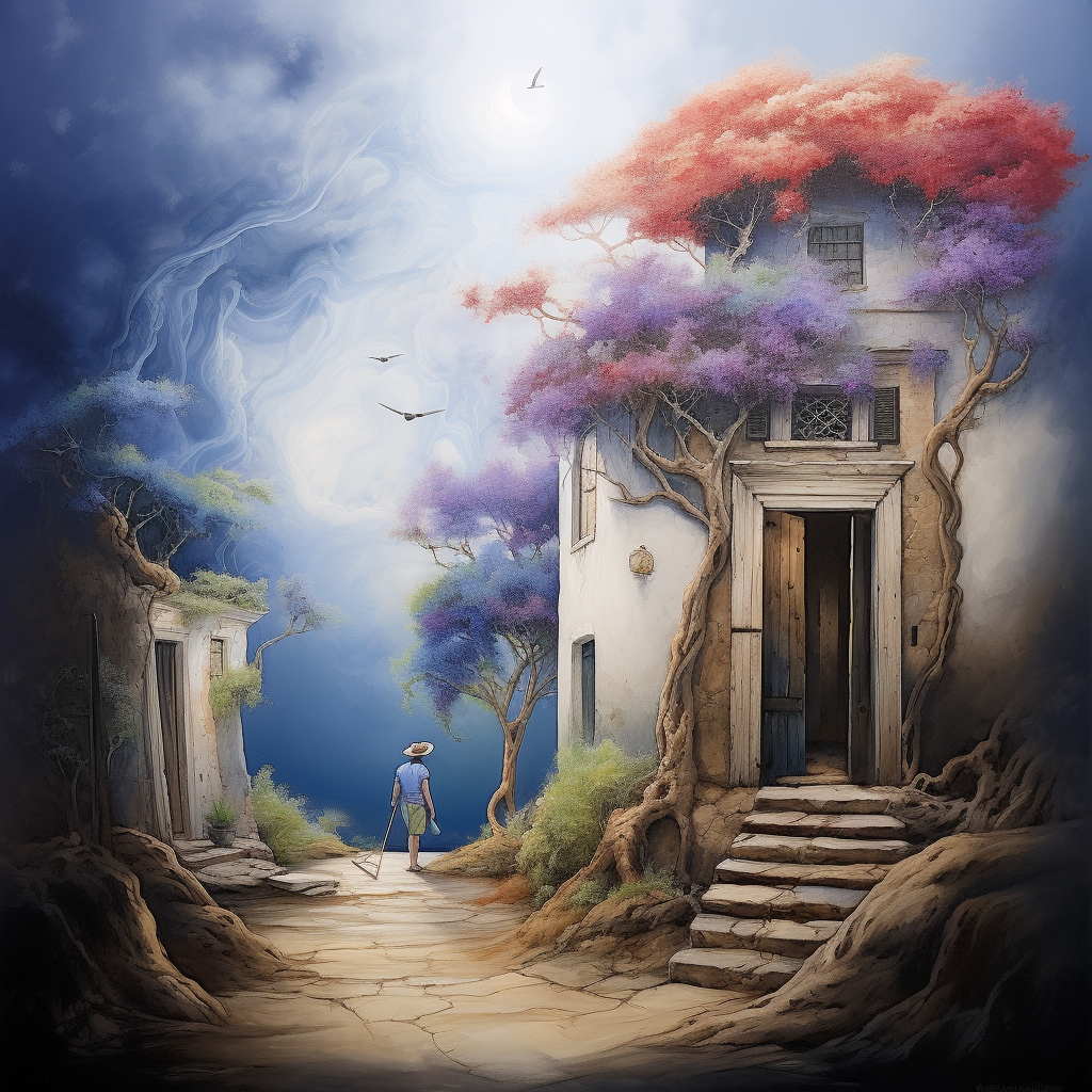 Surreales Kunstwerk mit einer Person, die durch ein verwunschenes Dorf mit farbenprächtigen Bäumen in Blau, Lila und Rot spaziert, unter einem leuchtenden Himmel.
