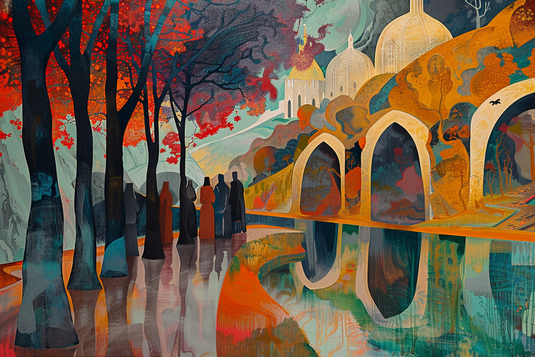 Eine Gruppe von Gestalten wandert durch einen Wald aus roten Bäumen, entlang eines Flusses, der die Bögen und Kuppeln einer goldenen Stadt im Hintergrund spiegelt.
