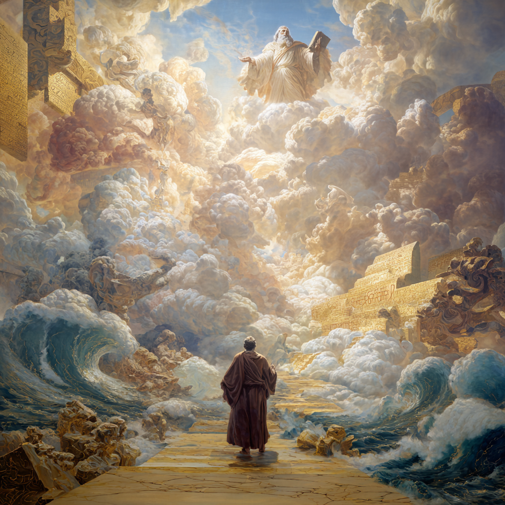 Ein Mann in einer braunen Robe steht auf einem steinernen Pfad, der durch aufgewühlte Wellen führt. Über ihm öffnet sich ein strahlender Himmel voller Wolken, in denen eine göttliche Gestalt mit einem Buch erscheint.
