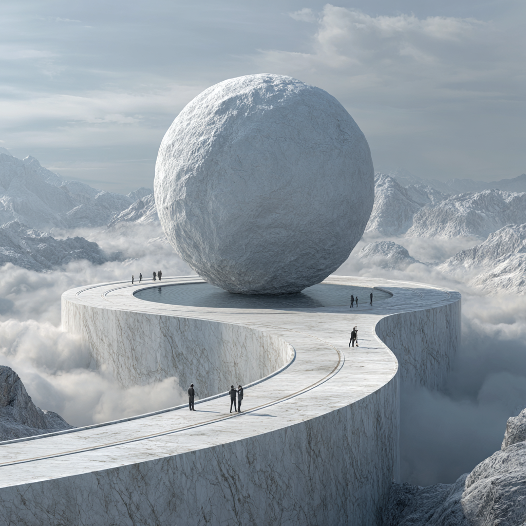 Surreale Landschaft mit einer riesigen weißen Kugel auf einer geschwungenen Marmorrampe, die sich über Wolken und Gebirge erhebt.
