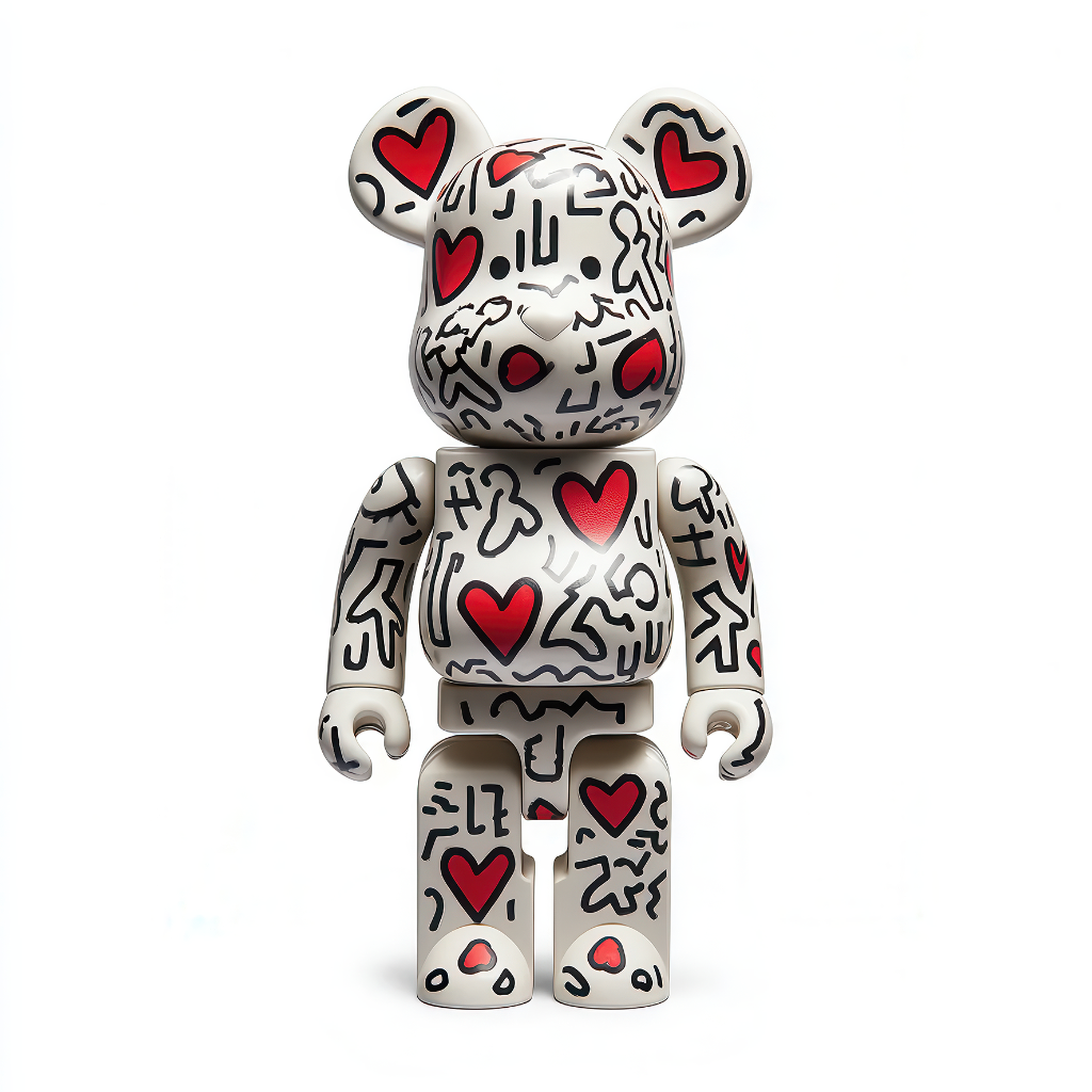 Weißes Designer-Spielzeug in Bärenform mit roten Herzen und schwarzen Linienmustern.
