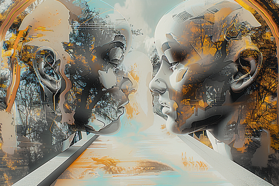 Zwei stilisierte Gesichter stehen sich in einem surrealen, lichtdurchfluteten Raum gegenüber. Ihre Oberflächen reflektieren Landschaften und Bäume, die in warmen Gelb- und Blautönen leuchten.
