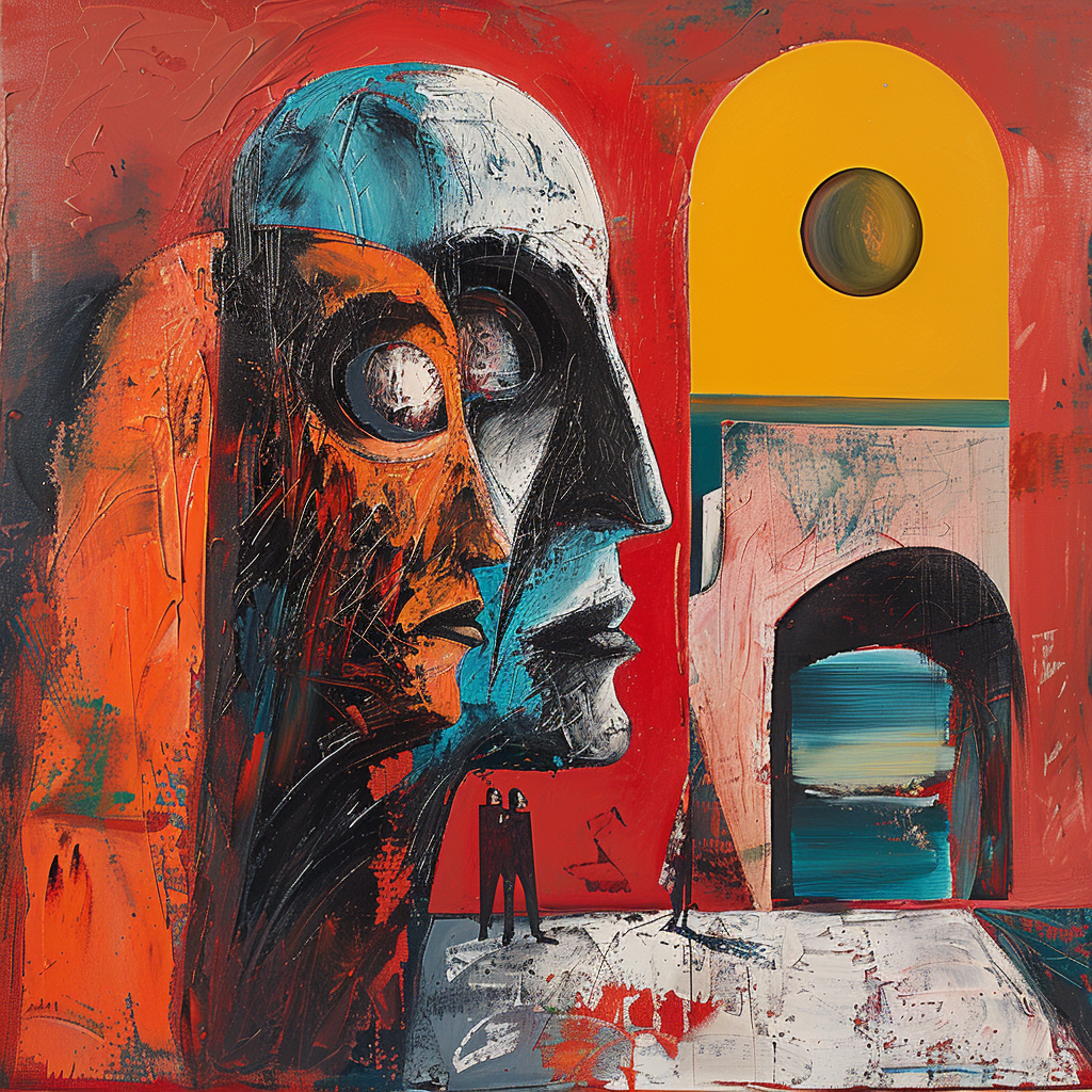 Abstraktes Gemälde mit zwei überlappenden Gesichtern in Blau und Orange vor einem Torbogen und rotem Hintergrund.
