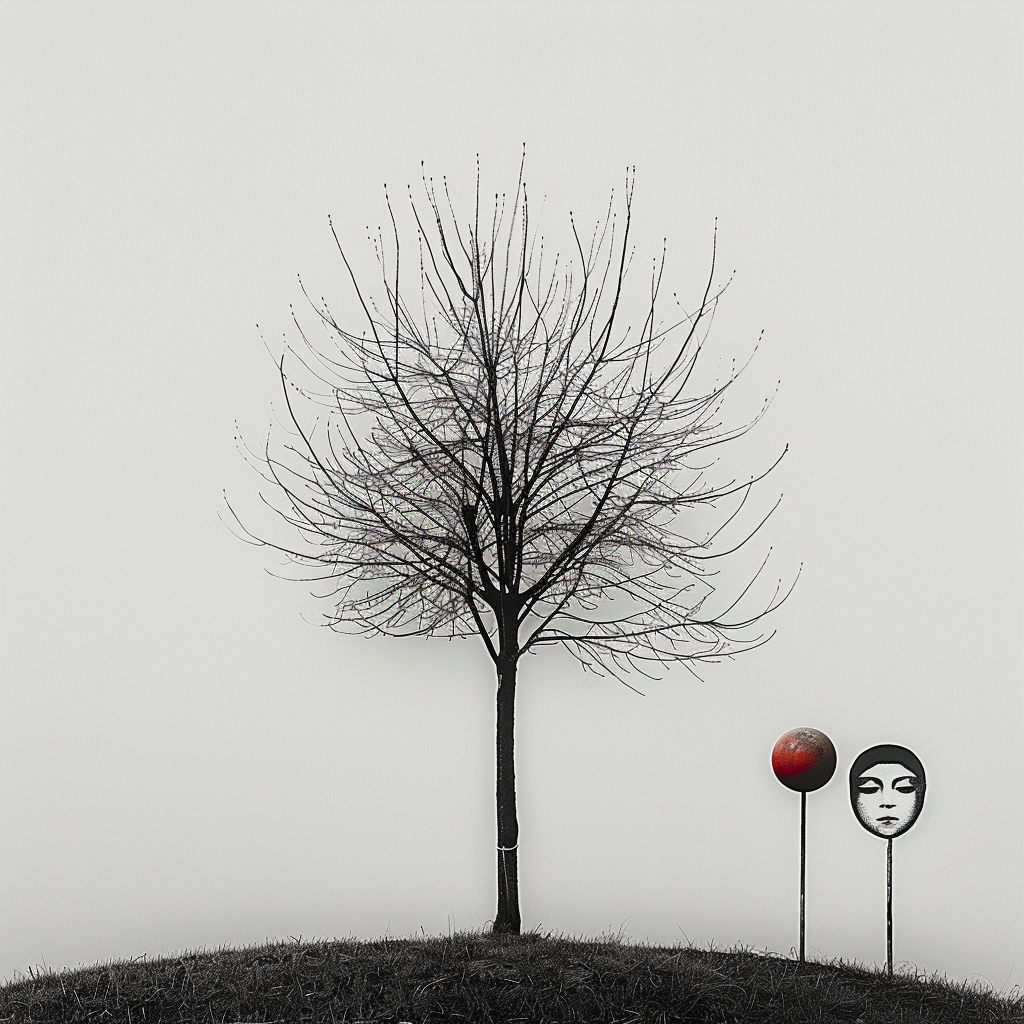 Ein einzelner kahler Baum steht auf einem Hügel neben zwei runden Schildern – eines rot, das andere zeigt ein Gesicht mit geschlossenen Augen – vor grauem, nebligem Hintergrund.
