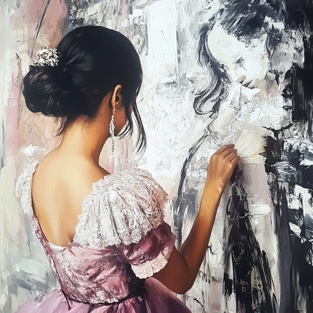 Frau in pastellfarbenem Kleid malt an einem großen, expressiven Porträt einer Frau; zarte Pinselstriche und sanfte Lichtführung schaffen eine poetische Atmosphäre.

