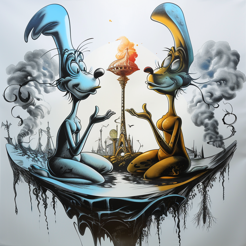 zwei cartoonartige figuren sitzen sich gegenüber und diskutieren vor surrealer stadtkulisse mit rauch und türmen
