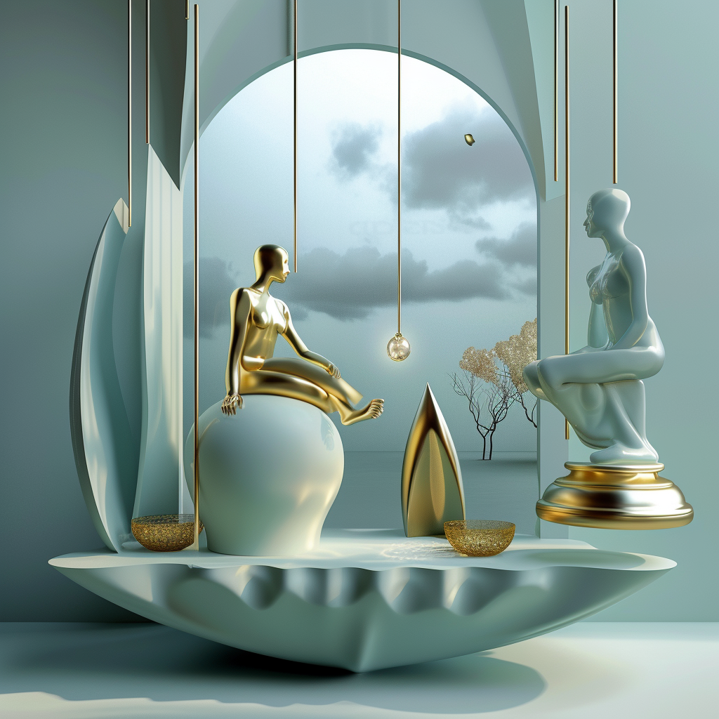 Zwei skulpturale Figuren aus Gold und Porzellan im architektonischen Raum, umgeben von sanftem Licht und schwebenden Elementen.
