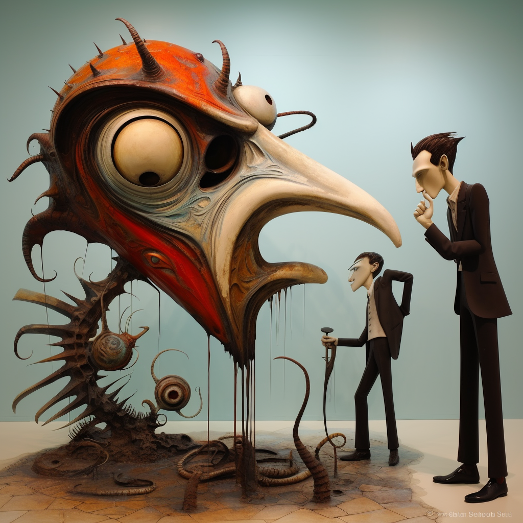 Surreales Kunstwerk mit grotesker Kreatur und zwei eleganten Figuren in nachdenklicher Pose.
