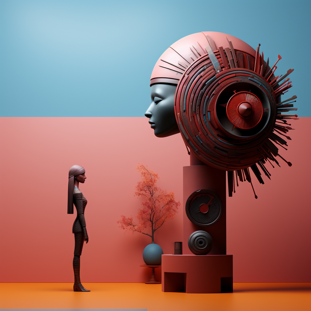 Futuristische Figur steht vor einem großen mechanischen Kopfobjekt in geometrischer, farblich kontrastierter Umgebung.
