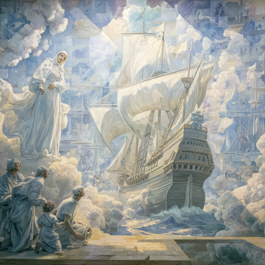 Ein großes Segelschiff gleitet durch ein Meer aus Wolken, während eine Frau in Weiß und mehrere Gestalten ehrfürchtig zusehen – eine himmlische, spirituelle Szene voller Licht und Hoffnung.
