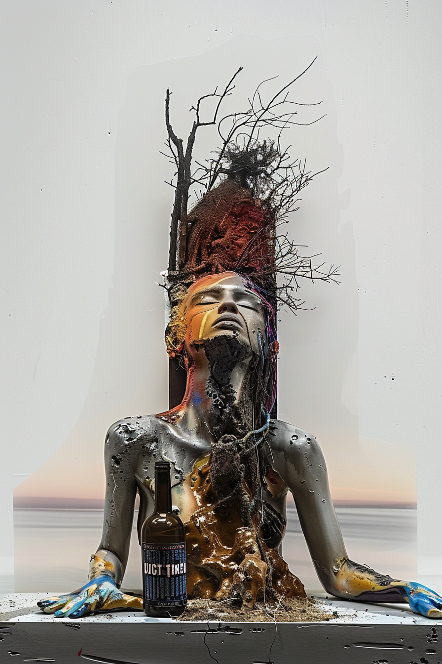 surrealistische figur mit erde und ästen auf dem kopf, symbol für natur und verwandlung
