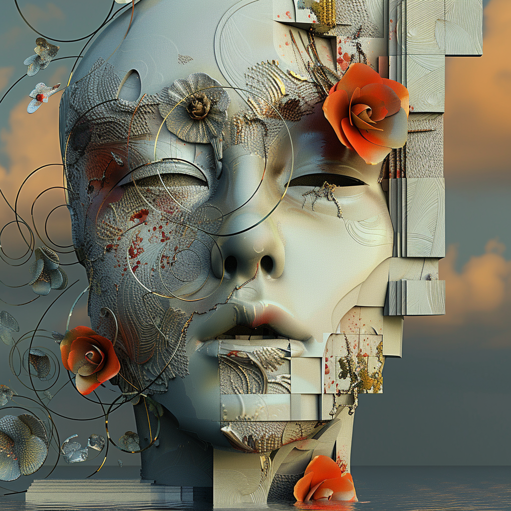 Ein surrealistisches Gesicht aus Steinfragmenten und goldenen Linien, verziert mit Rosen und filigranen Strukturen, scheint zwischen Verfall und Erblühen zu schweben.
