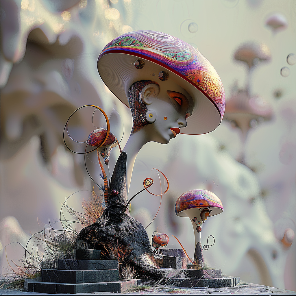 Surreale humanoide Figur mit pilzartigem Kopf und metallisch-organischen Formen; Kombination aus biologischen Strukturen, Ornamenten und futuristischen Details.
