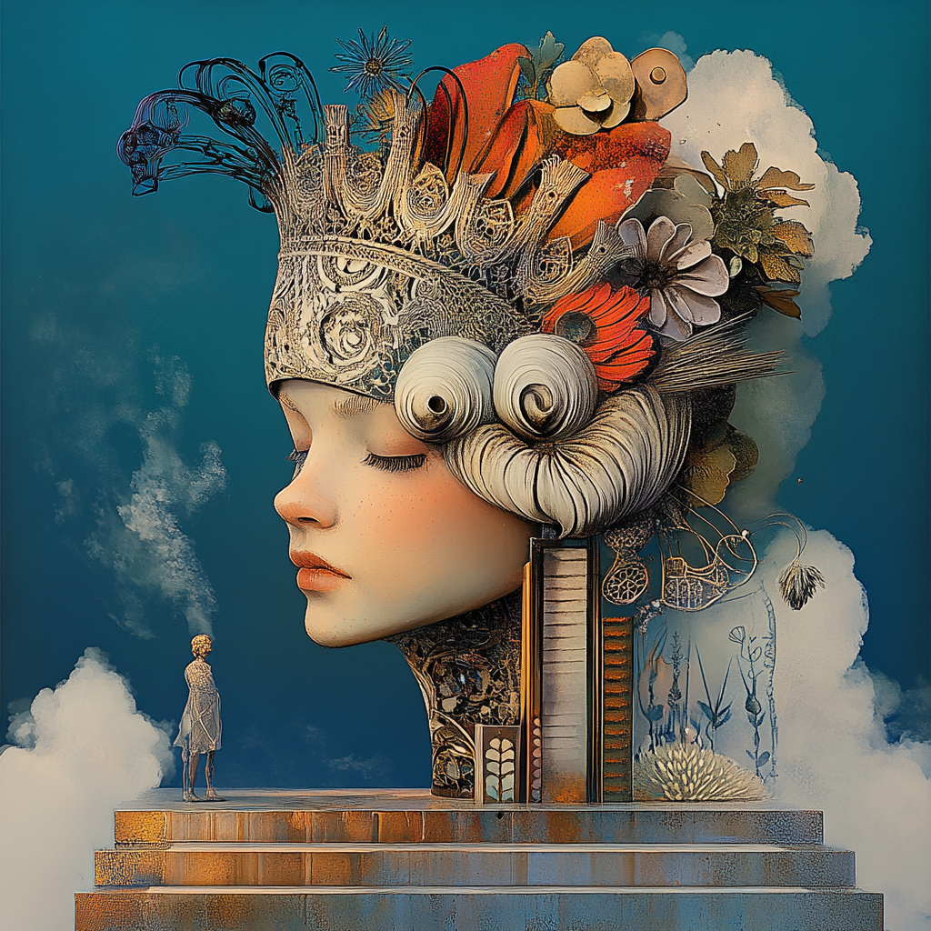 Surreale Darstellung eines großen Frauenkopfes mit geschlossenen Augen und einer Krone aus Blumen, Ornamenten und Architektur – ein Sinnbild für Träume, Erinnerung und Schöpfung.
