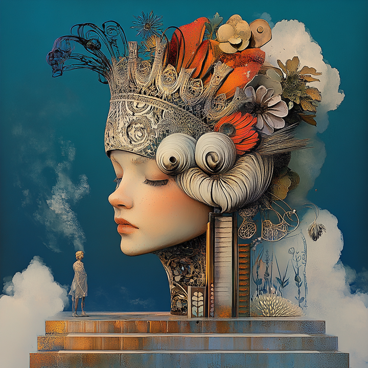 Surreale Darstellung eines großen Frauenkopfes mit geschlossenen Augen und einer Krone aus Blumen, Ornamenten und Architektur – ein Sinnbild für Träume, Erinnerung und Schöpfung.
