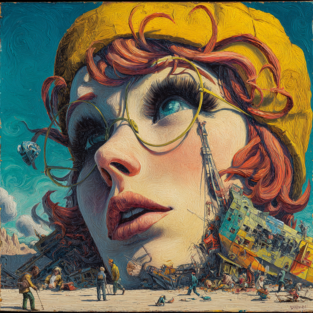 Eine riesige, rotgelockte Frau mit gelber Mütze und Brille erhebt sich über einer surrealen Landschaft aus Schiffswracks und Ruinen – Symbol für Aufbruch, Erinnerung und Neuanfang.
