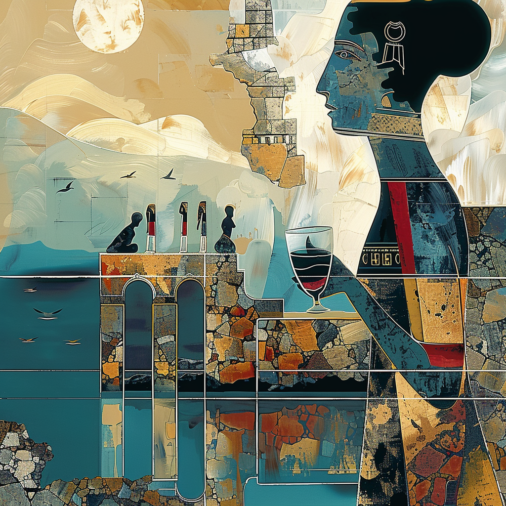 Abstraktes Gemälde mit ägyptisch anmutender Figur, die ein Glas Wein hält, vor einer Kulisse aus Bögen, Fragmenten und Meer – ein Spiel aus Struktur, Symbolik und Erinnerung.
