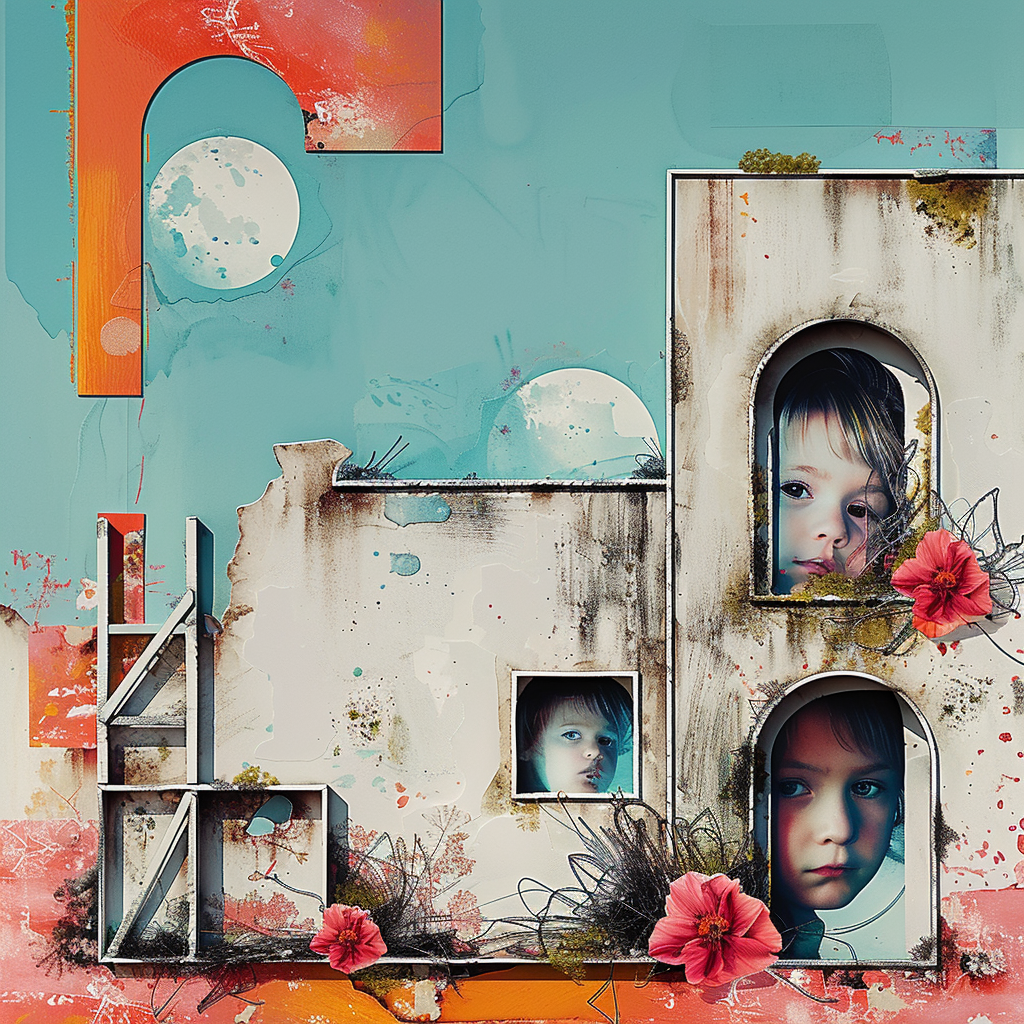 Surreales Kunstwerk mit kindlichen Gesichtern, die aus Fensteröffnungen einer verwitterten Fassade blicken, umgeben von abstrakten Formen und leuchtenden Farben.
