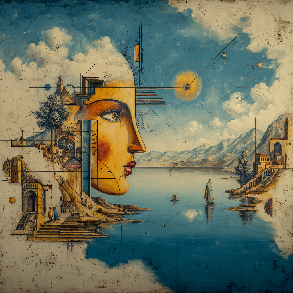 Surreales Gemälde eines Gesichts, das in eine Landschaft aus Gebäuden, Bergen und einem See integriert ist – eine Verbindung von Architektur, Natur und Bewusstsein.
