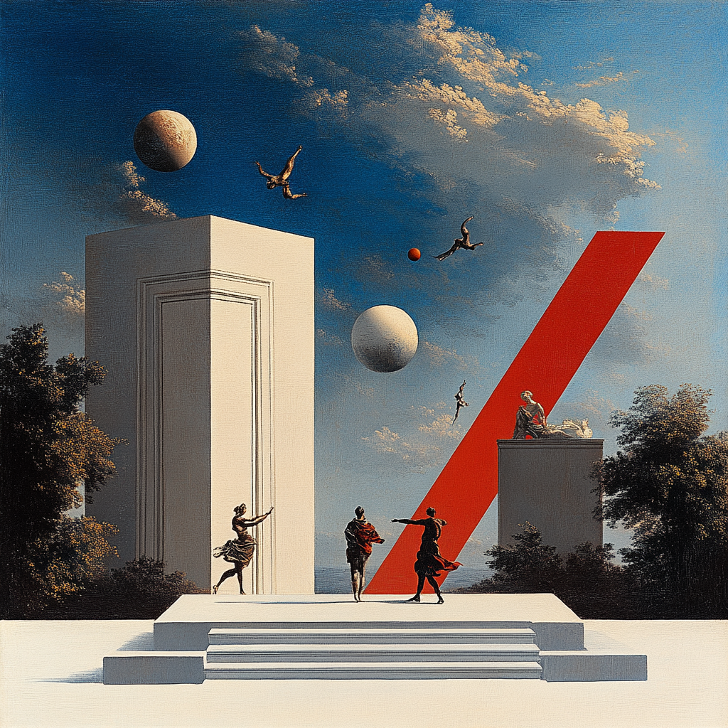 Surreale Szene mit schwebenden Figuren, geometrischen Monumenten und Planeten am Himmel – ein Spiel aus Bewegung, Licht und architektonischer Symbolik.

