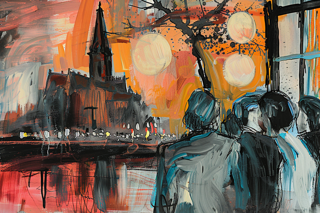 Ausdrucksstarkes Gemälde mit einer Gruppe von Menschen im Vordergrund, die auf eine beleuchtete Stadt mit einer Kirche und einem hohen Turm blicken. Die Szene ist in warmen Rottönen, Orange und Schwarz gehalten, mit dynamischen Pinselstrichen und leuchtenden Kreisen, die wie Monde oder Laternen wirken.
