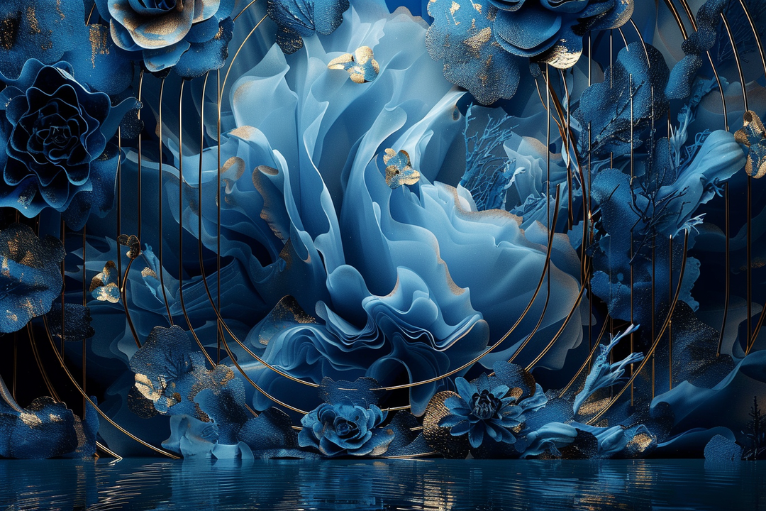 Abstraktes, surreal anmutendes Arrangement aus blauen, goldverzierten Blütenformen und fließenden Strukturen, die an Wasser und Stoff erinnern.

