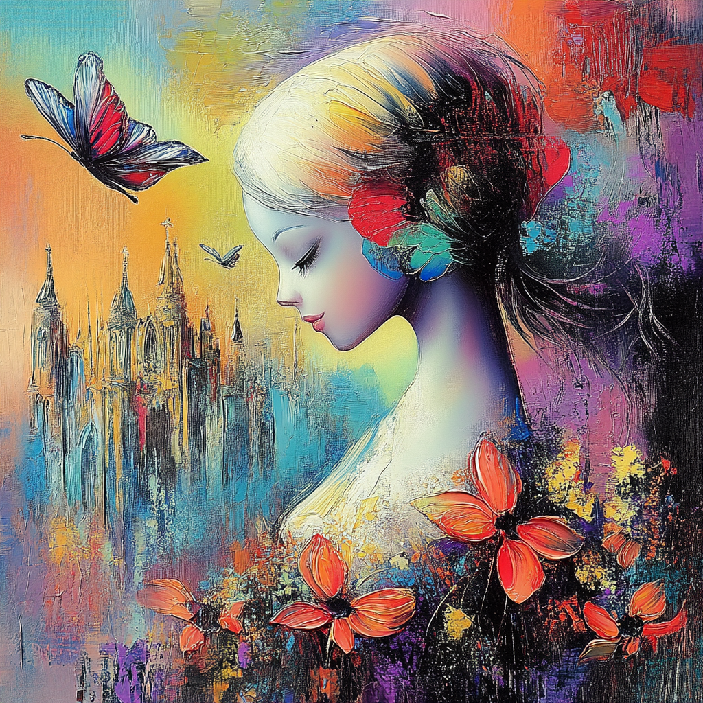 Ein impressionistisch-surreales Porträt einer Frau mit geschlossenen Augen, umgeben von Blumen und Schmetterlingen, vor einer farbenfrohen Traumlandschaft mit einer Kathedrale im Hintergrund.
