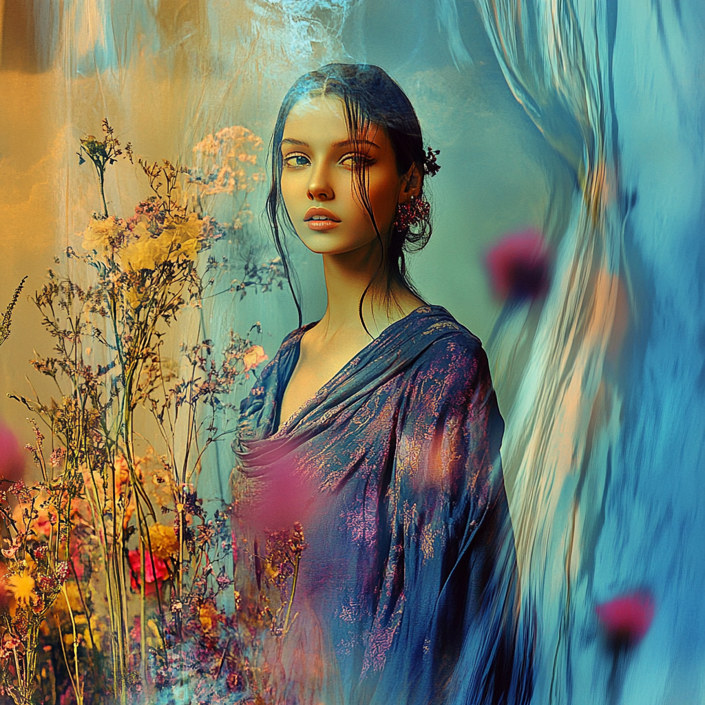 Porträt einer jungen Frau in einem fließenden blauen Gewand, umgeben von zarten Blumen und sanftem Licht – eine poetische, traumhafte Szene in weichen Farbtönen.
