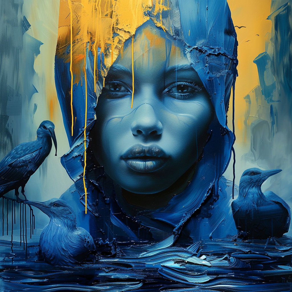 Ein Porträt einer Frau mit blauer Haut und verhülltem Kopf, durchzogen von goldenen Farbtropfen. Um sie herum befinden sich blaue Vögel in einer abstrakten, wasserähnlichen Umgebung.
