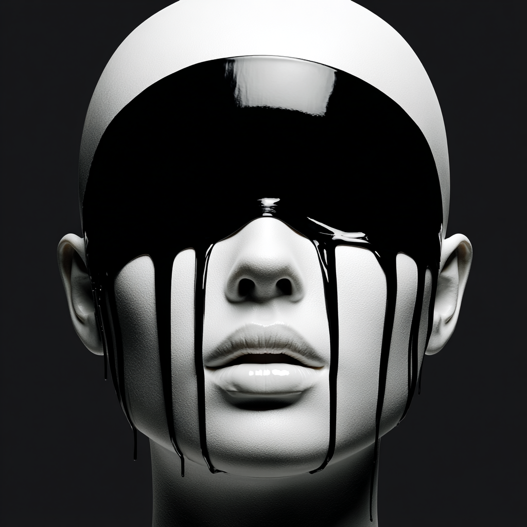Minimalistisches Porträt eines Gesichts, über dessen Augen eine glänzende schwarze Flüssigkeit läuft – Symbol für Blindheit und Identitätsverlust.
