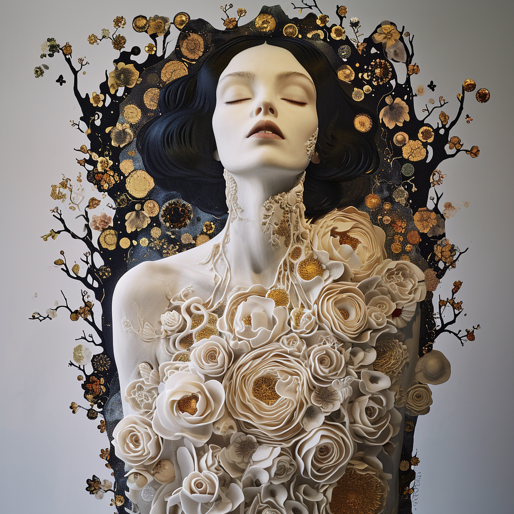 Porträt einer Frau mit geschlossenen Augen, umgeben von weißen und goldenen Blüten, die ihren Körper bedecken – eine ätherische, surreale Darstellung von Schönheit und Vergänglichkeit.
