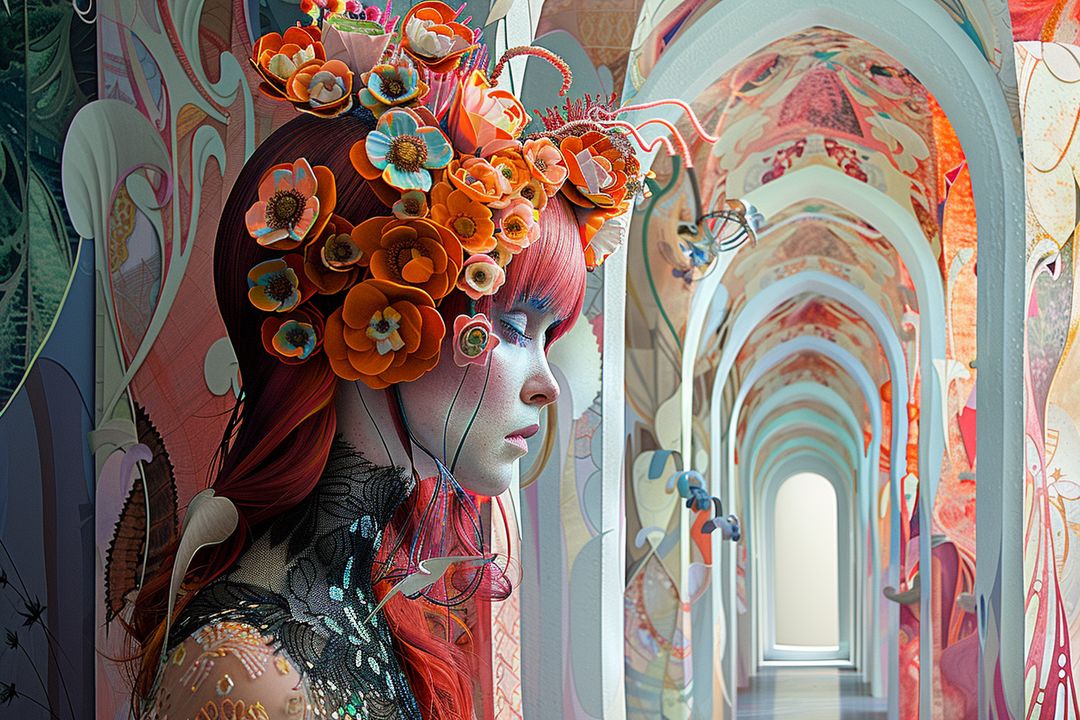 Eine Frau mit leuchtend roten Haaren und einem kunstvollen Blumenkranz aus orangefarbenen und weißen Blüten steht in einem ornamentalen, farbenreichen Gang, der sich perspektivisch in die Tiefe öffnet.
