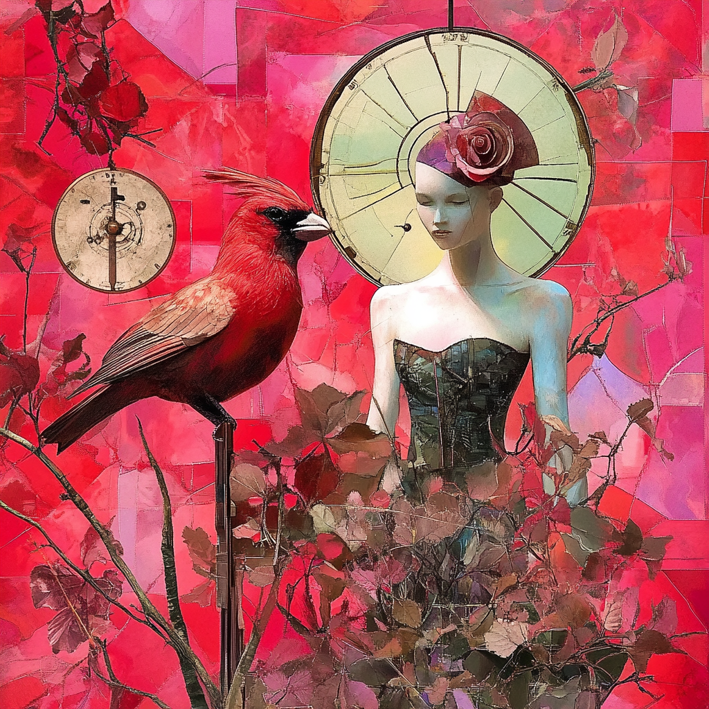 Eine Frau mit Rosenhut steht vor einem goldenen Ziffernblatt, neben ihr ein roter Vogel inmitten von Zweigen – ein surreales Symbol für Zeit, Natur und seelische Erneuerung.
