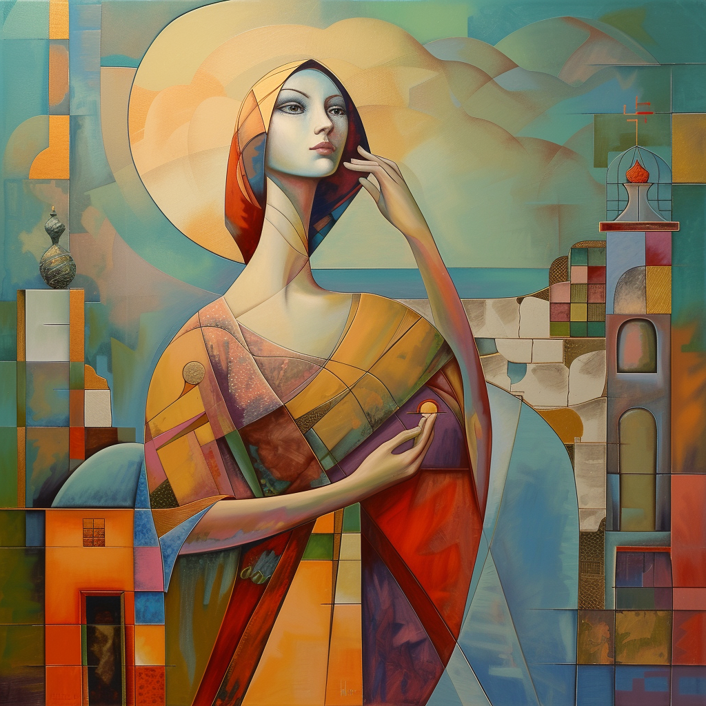 Abstrakt-figürliche Darstellung einer Frau in leuchtenden Farben mit geometrischem Hintergrund
