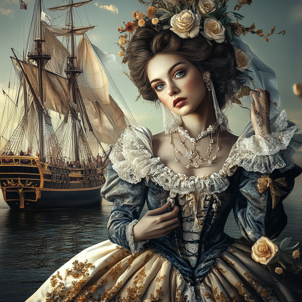 Eine elegante Frau in einem barocken Kleid mit Blumen und Perlen steht vor einem Segelschiff im Hafen – ein Werk voller Romantik, Geschichte und Sehnsucht.
