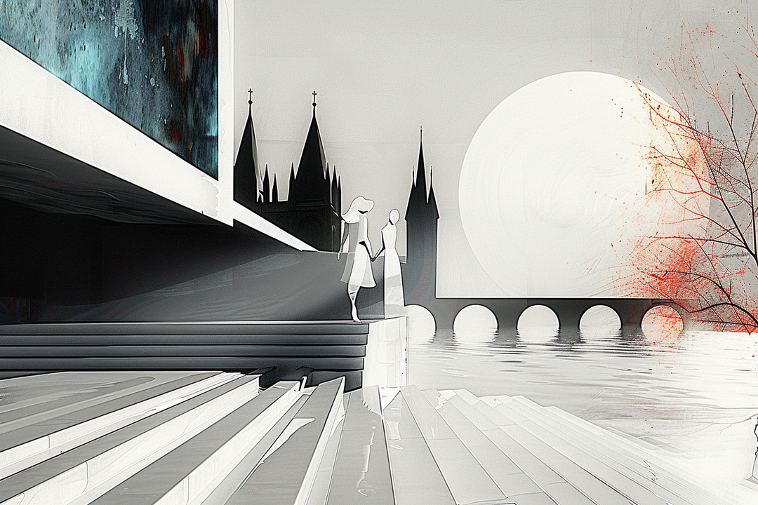 Minimalistisches, surreal anmutendes Werk mit zwei stilisierten Figuren, die auf einer Treppe stehen und sich an der Hand halten. Im Hintergrund eine Brücke mit Bögen, gotische Türme und eine große, helle Sonne oder ein Mond. Reduzierte Farbpalette in Grau, Weiß und Akzenten von Rot.
