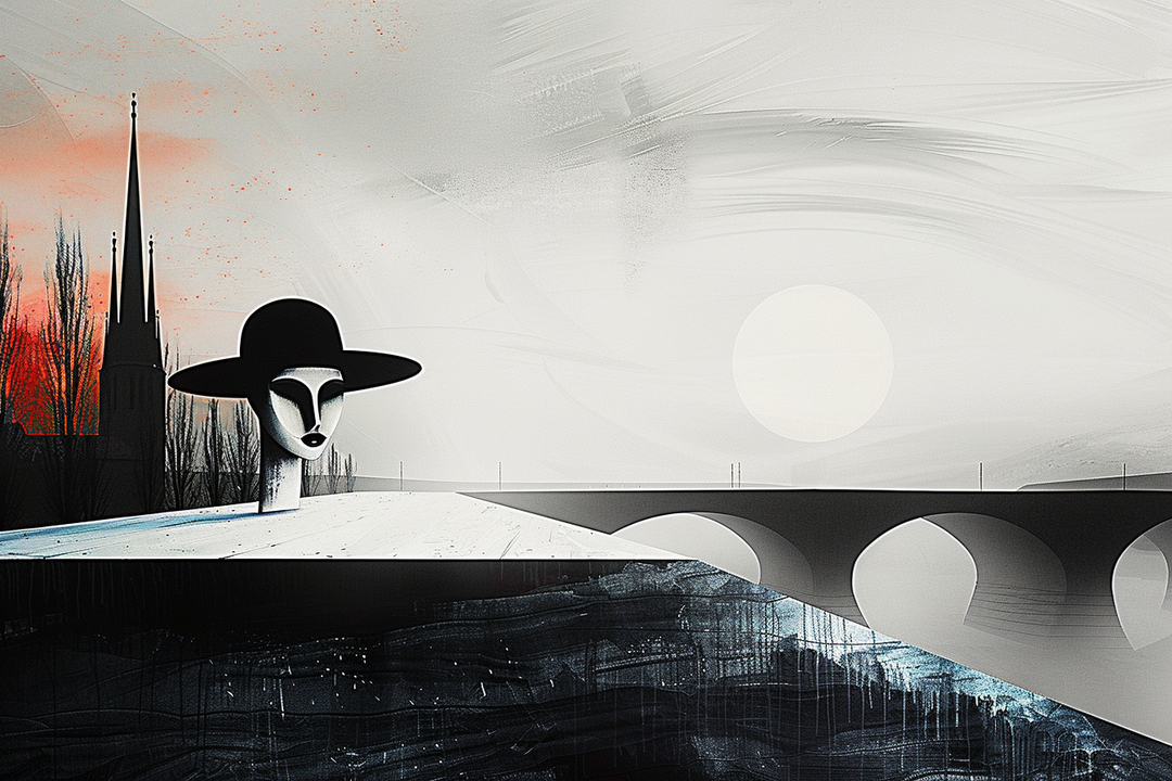 minimalistische szene mit figur im hut vor einer bruecke im nebel
