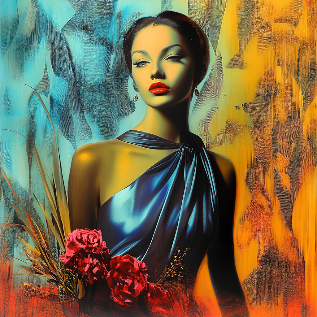 Porträt einer eleganten Frau mit rotem Lippenstift und blauen Satin-Kleid, umgeben von warmen und kühlen Farbtönen – eine stilisierte Mischung aus Glamour und Malerei.
