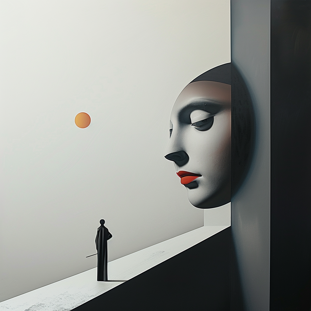 Abstraktes Werk mit Figur in Schwarz vor riesigem Gesicht an der Wand und schwebender Sonne
