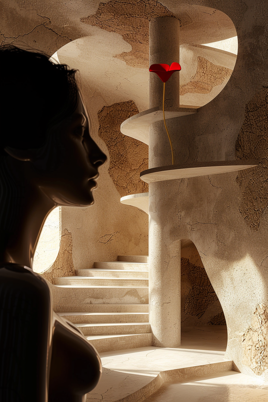 Silhouette einer Frau in einem architektonischen Raum aus hellem Stein; eine einzelne rote Blume wächst an einer spiralförmigen Treppe – symbolisch und atmosphärisch beleuchtet.

