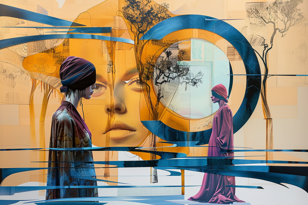 Zwei Figuren in Gewändern stehen sich gegenüber, eingebettet in eine abstrakte Landschaft aus goldenen und blauen Formen, mit einem großen, schwebenden Gesicht im Hintergrund.
