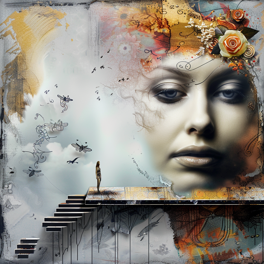 Surreales Kunstwerk einer großen weiblichen Gesichtssilhouette, die in Wolken und Blumen übergeht, mit einer kleinen Figur auf einer schwebenden Treppe im Vordergrund.
