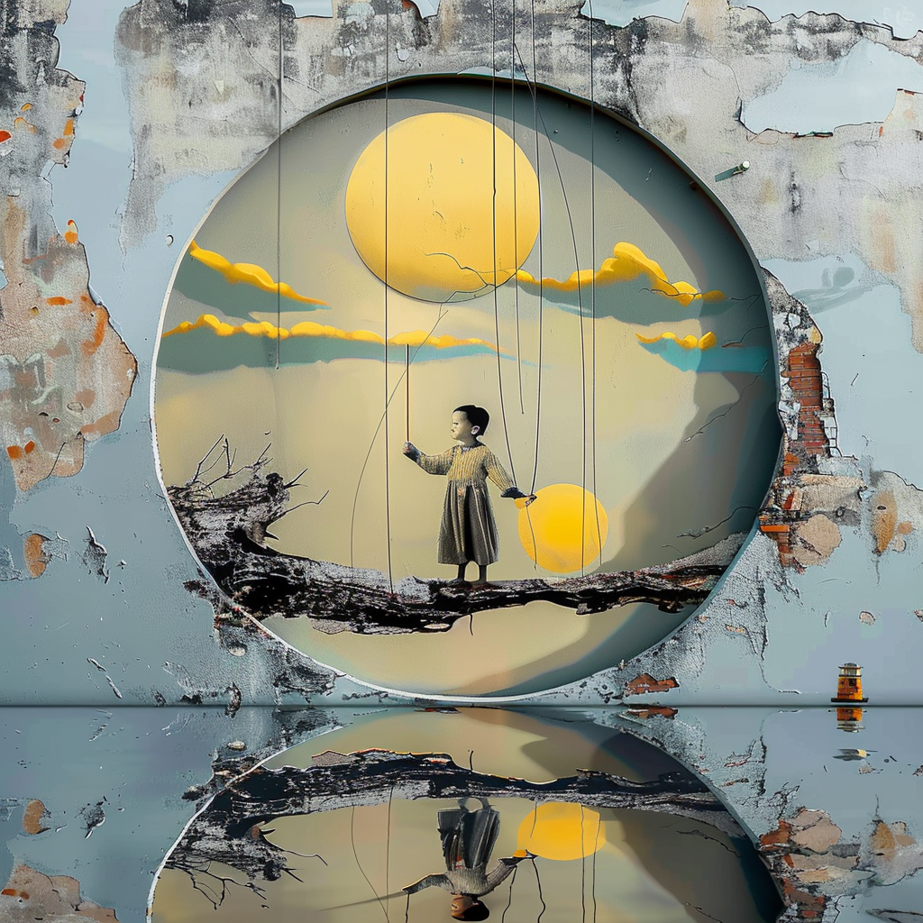 surrealistische wandkunst mit kind, fäden und gelben kugeln im mondlicht
