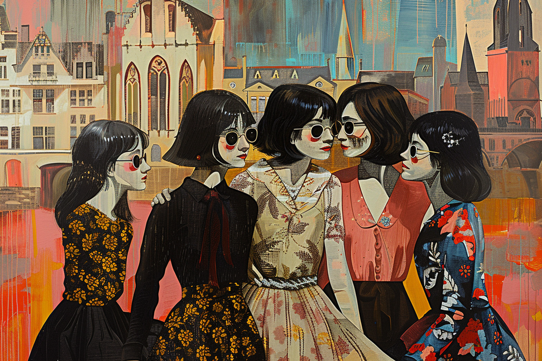 Fünf Frauen stehen eng beieinander vor einer Stadtlandschaft mit Kirchen und alten Häusern. Sie tragen farbige, gemusterte Kleider und Sonnenbrillen. Ihre Gesichter wirken ruhig, fast melancholisch, während der Hintergrund aus warmen und kühlen Farbtönen in Malerei und Collage verschmilzt.
