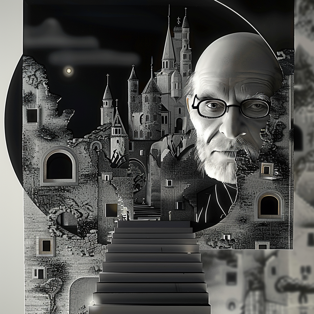 Surreales Gemälde in Schwarz-Weiß mit einem älteren Mann, einer alten Stadtlandschaft und einer Treppe, die in die Dunkelheit führt.
