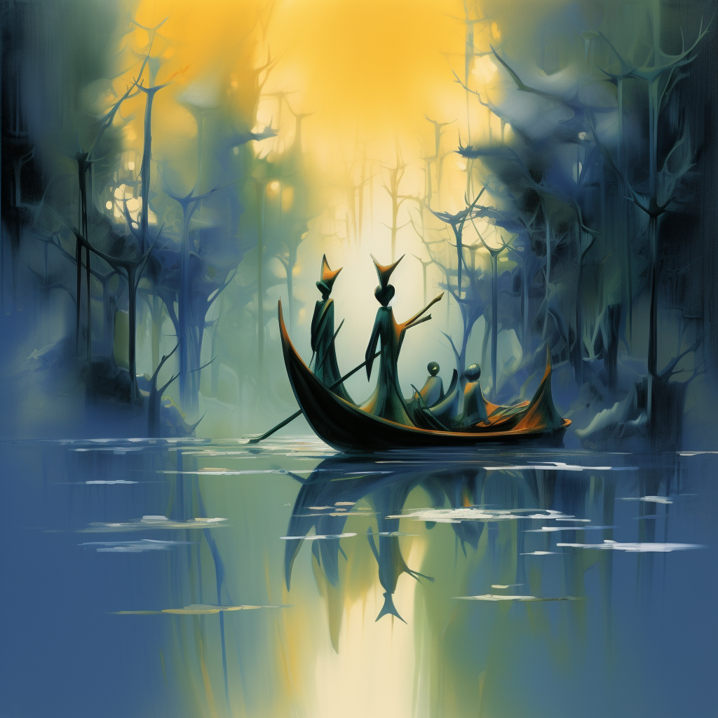 figuren in einem boot auf fluss in nebliger waldlandschaft mit goldenem licht
