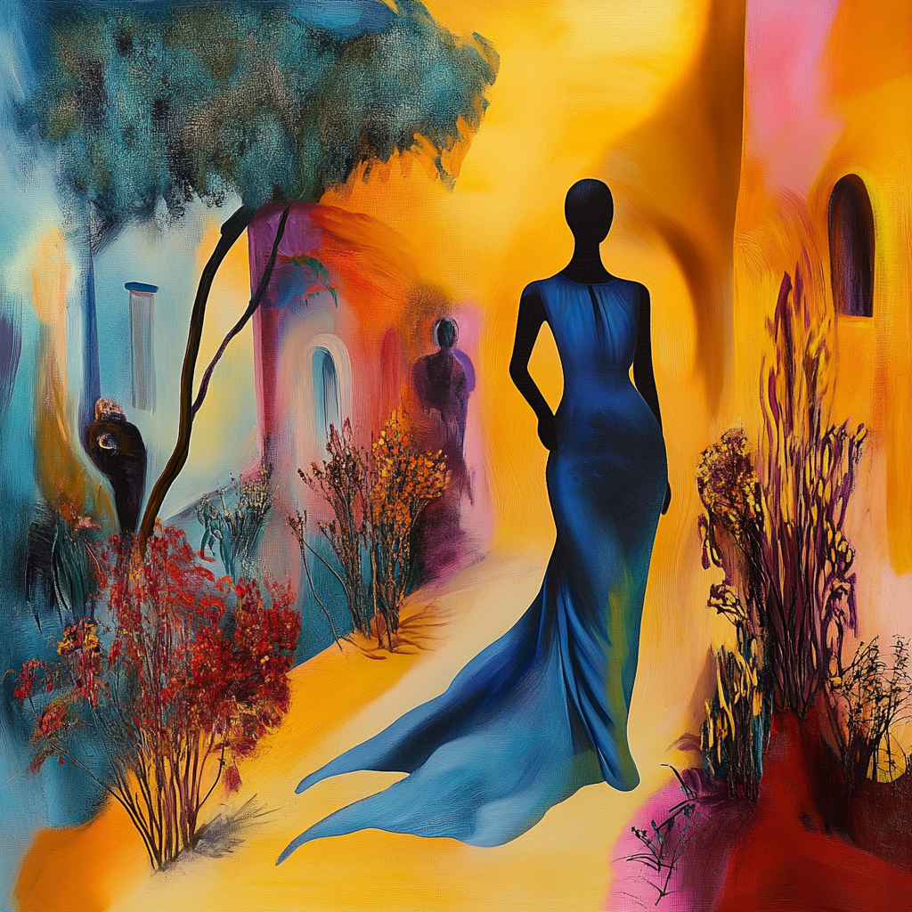 silhouette einer frau in einem blauen kleid in bunter stadtlandschaft mit warmen farben
