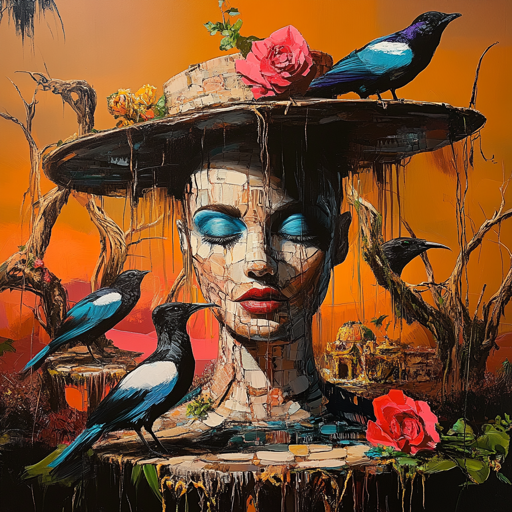 frau mit hut aus holzstruktur und vögeln auf orangenem hintergrund
