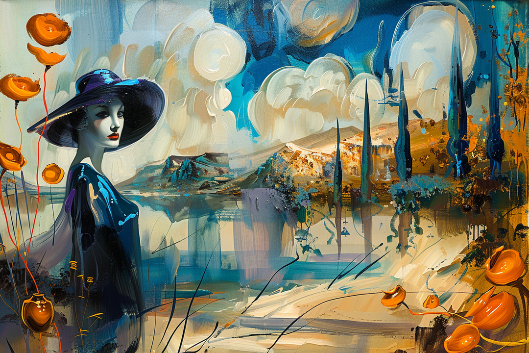 Eine Frau mit blauem Hut steht in einer leuchtenden, impressionistisch gemalten Landschaft mit goldenen Hügeln, Zypressen und großen Wolken.
